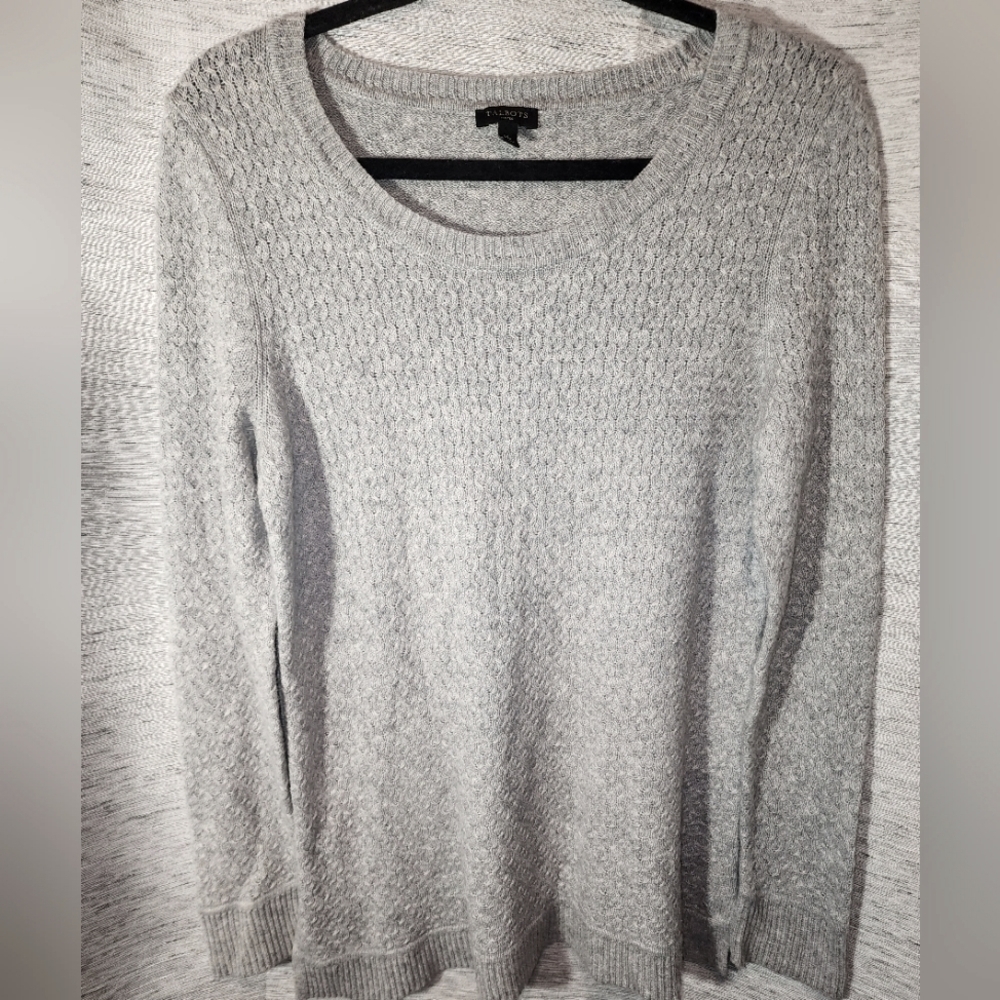 Talbots Gray Knit Wool Blend Medium Petite Long Sleeve Pullover Sweater